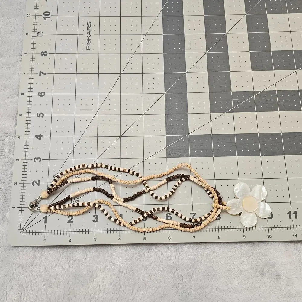 Vintage Multi-Strand Wood Bead Necklace Mother of Pearl MOP Flower Pendant Boho